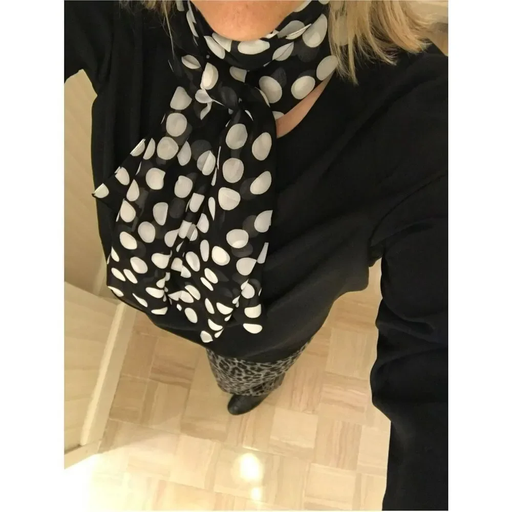 St. John Black & White Polka Dot Scarf. Designer Preppy Classic